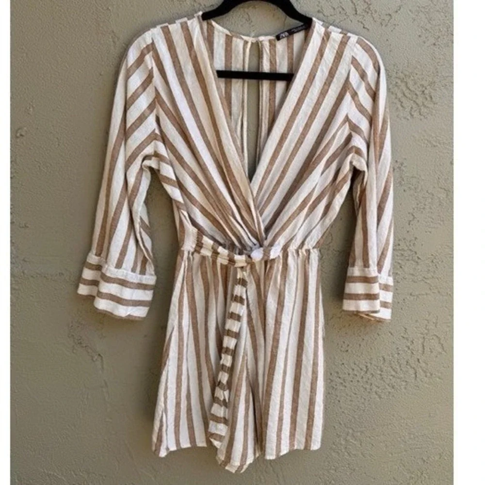 Zara Women Tan White Striped Linen Romper XS Minimalist Nautical Casual Beach